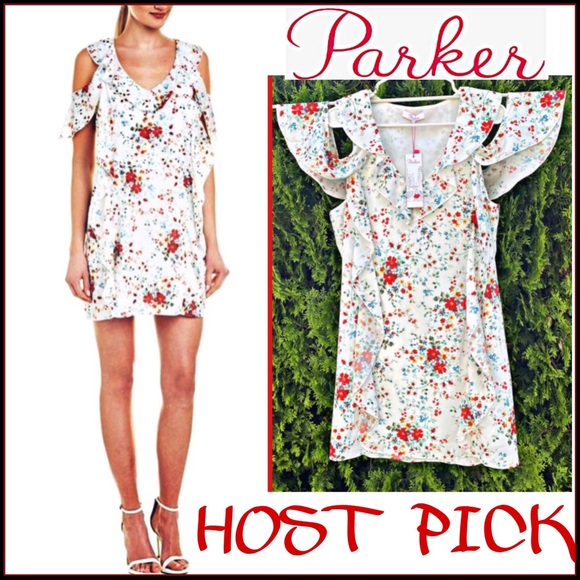 NWT PARKER FLORAL COLD-SHOULDER MINI RUFFLE DRESS - Picture 2 of 13